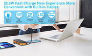 Fast charging 20000mAh power bank with built-in cables charging multiple devices on white desk