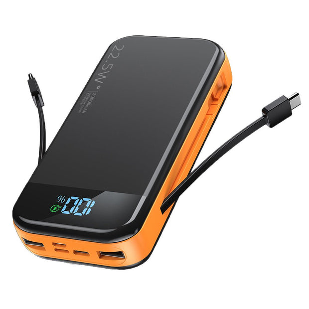 20000mAh fast charging power bank with digital display, black and orange, dual built-in charging cables