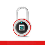 Modern fingerprint smart padlock with red edge and silver shackle on white background