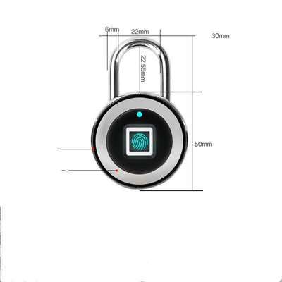 Round biometric fingerprint smart padlock with dimensions marked, stainless steel shackle and black body
