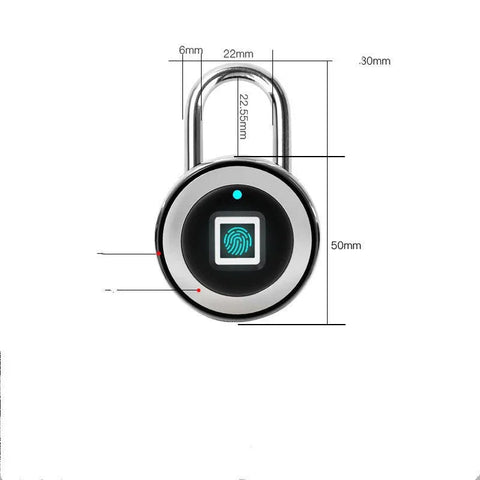 Round biometric fingerprint smart padlock with dimensions marked, stainless steel shackle and black body