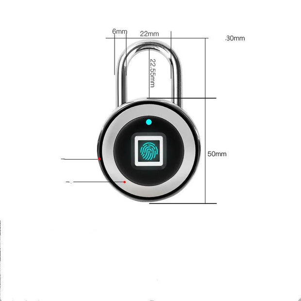 Round biometric fingerprint smart padlock with dimensions marked, stainless steel shackle and black body