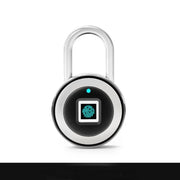 Modern silver fingerprint padlock with blue biometric sensor on white background