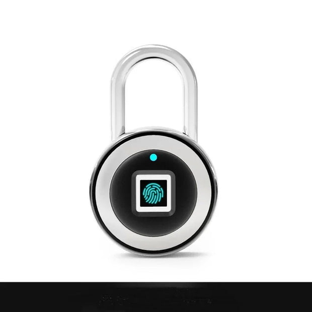 Modern silver fingerprint padlock with blue biometric sensor on white background