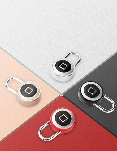 Four fingerprint biometric padlocks in silver, black, and red on multicolor background