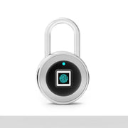 Modern silver fingerprint padlock with blue biometric scanner on white background