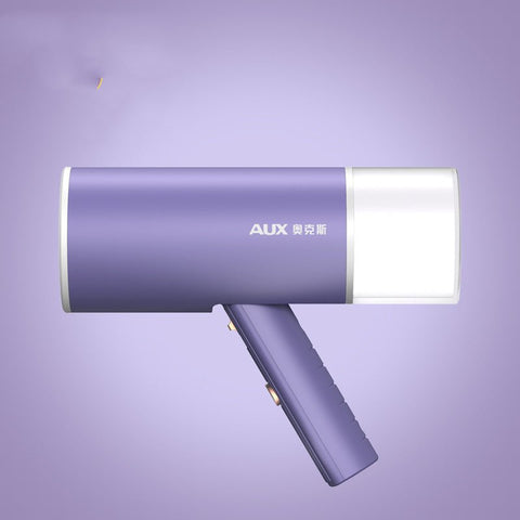 Purple and white foldable handheld garment steamer with AUX branding on purple background