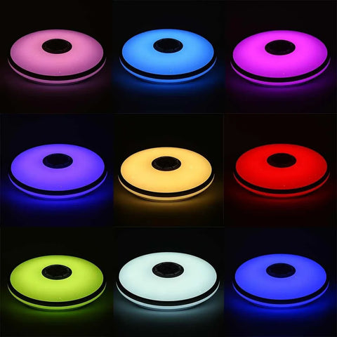 Round smart ceiling lamps glowing in various colors including pink, blue, purple, yellow, red, green, white, and blue