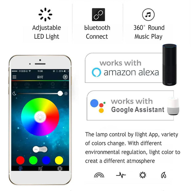 Smartphone app showing color wheel for adjustable LED light with Bluetooth and 360° music play, compatible with Amazon Alexa and Google Assistant