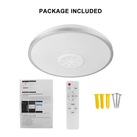 White round graffiti smart ceiling lamp with remote, mounting screws, and user manual