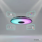 Smart Bluetooth ceiling lamp with RGB colors, adjustable white light, and app control in a modern room