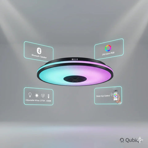 Smart Bluetooth ceiling lamp with RGB colors, adjustable white light, and app control in a modern room