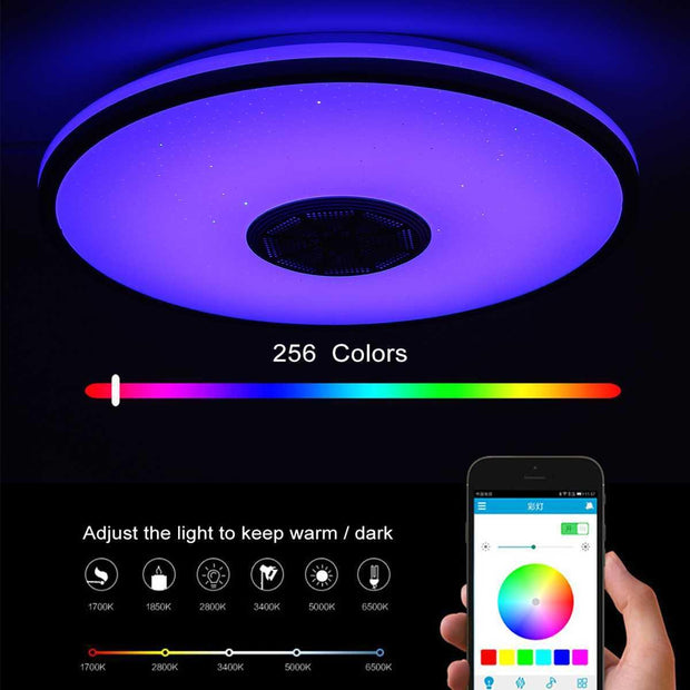 Smart WiFi Bluetooth ceiling lamp showing 256 color options controlled by mobile app
