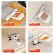Handheld mini mop with white handle cleaning kitchen grease, tile wall, bathroom mirror, and countertops