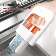 Handheld mini mop with ergonomic handle draining water over sink, one-handed operation