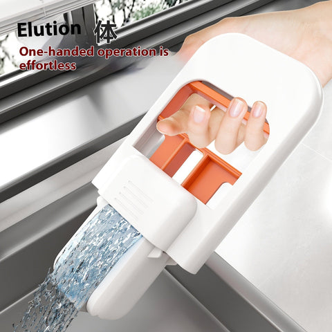 Handheld mini mop with ergonomic handle draining water over sink, one-handed operation