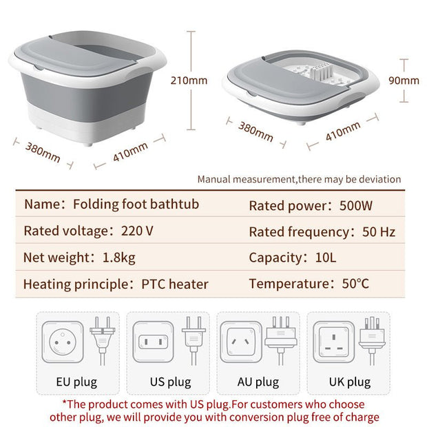 Folding foot bathtub with PTC heater, dimensions 410x380x210mm, 10L capacity, 500W power