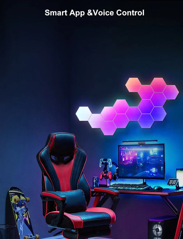 Gaming setup with red and black ergonomic chair, hexagonal smart LED wall lights, and illuminated computer desk