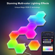 Hexagonal smart LED wall lamp panels with vibrant RGB colors controlled via smartphone app