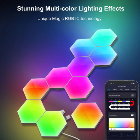 Hexagonal smart LED wall lamp panels with vibrant RGB colors controlled via smartphone app