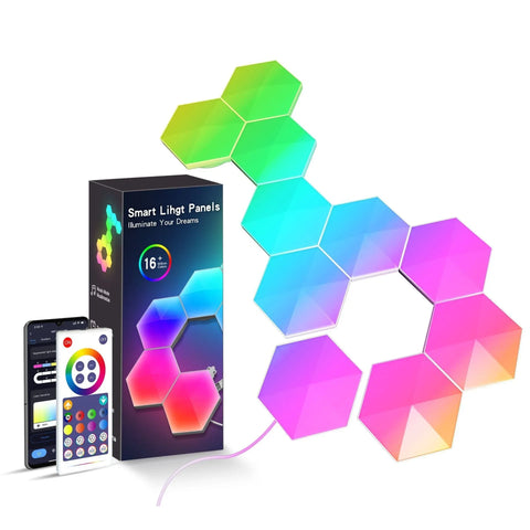 Hexagonal smart light panels with colorful gradient LEDs, app control, and remote on white