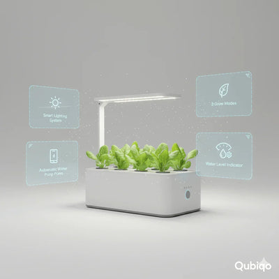 Indoor hydroponic smart LED lamp with green lettuce plants and digital features like smart lighting and water level indicator