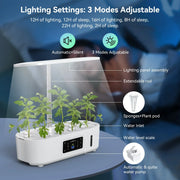 Indoor hydroponic smart LED lamp with extendable rod, plant pods, water inlet, and adjustable 3-mode lighting