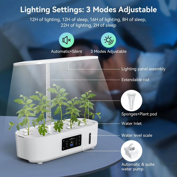 Indoor hydroponic smart LED lamp with extendable rod, plant pods, water inlet, and adjustable 3-mode lighting