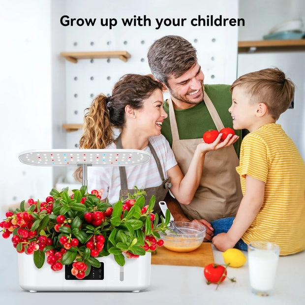 Indoor hydroponic smart LED lamp with red berries plant and happy family cooking in kitchen