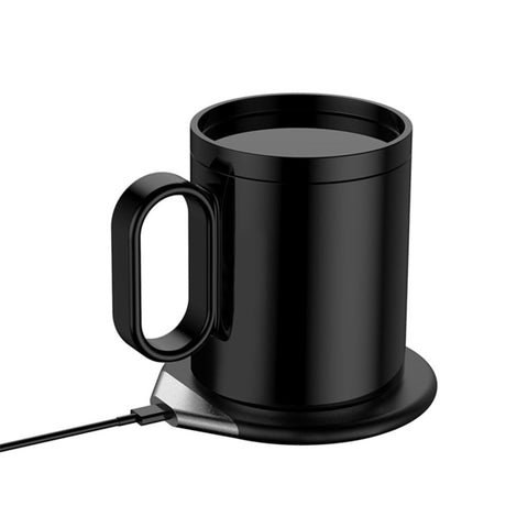 Black electric heating coaster with handle mug on white background, USB powered beverage warmer