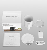 White mug warmer and wireless charger set with ceramic cup, charger plate, power adapter, USB cable, user manual, and packaging box