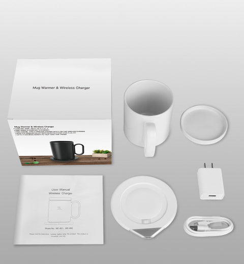 White mug warmer and wireless charger set with ceramic cup, charger plate, power adapter, USB cable, user manual, and packaging box