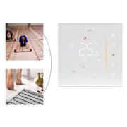 Smart home thermostat set at 25.5°C with images showing electric underfloor heating installation and warm floor usage