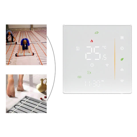 Smart home thermostat set at 25.5°C with images showing electric underfloor heating installation and warm floor usage