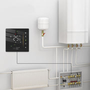 Modern smart home thermostat controlling heating system with radiator and boiler pipes