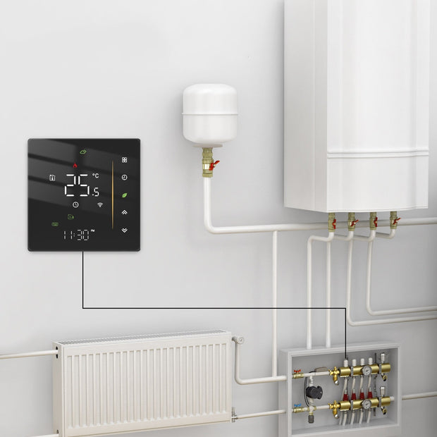 Modern smart home thermostat controlling heating system with radiator and boiler pipes