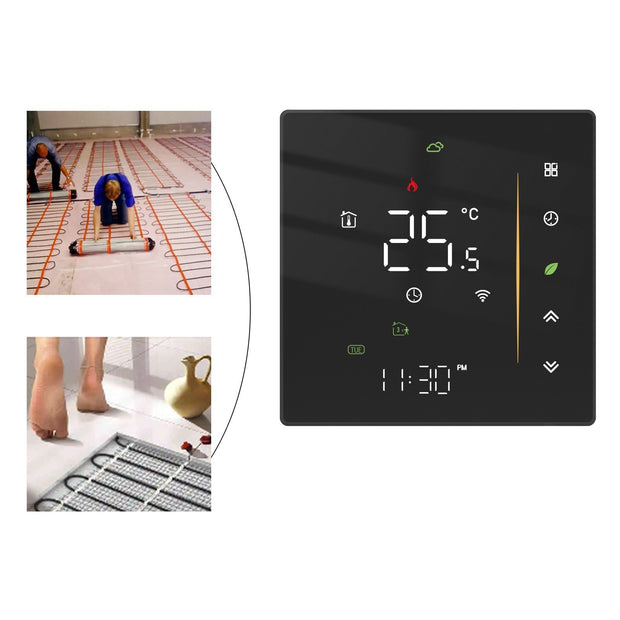 Smart home thermostat display showing 25°C with installation images of underfloor heating mats