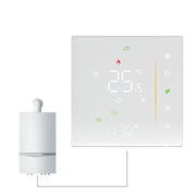 Modern white smart thermostat displaying 25.5°C with various icons and digital clock