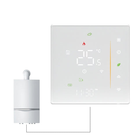 Modern white smart thermostat displaying 25.5°C with various icons and digital clock