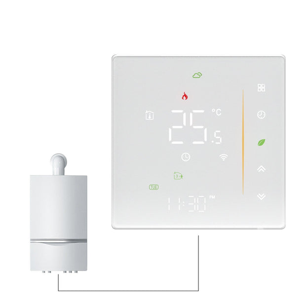 Modern white smart thermostat displaying 25.5°C with various icons and digital clock