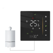 Smart home thermostat with digital display showing 25.5°C, time 11:30 PM, and eco-friendly icons