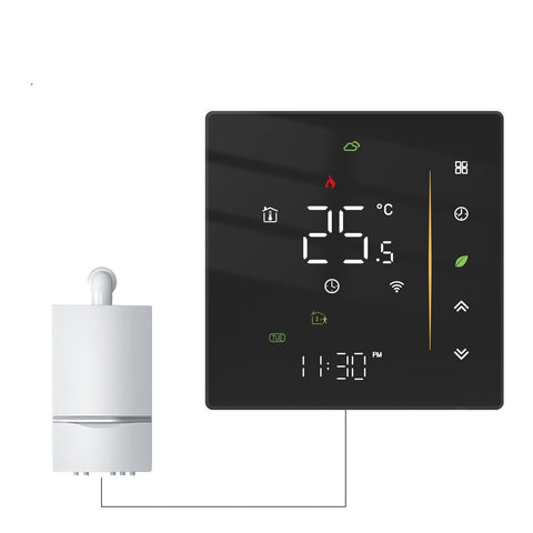 Smart home thermostat with digital display showing 25.5°C, time 11:30 PM, and eco-friendly icons