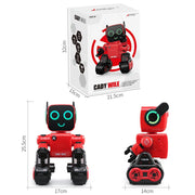 Red CADY WILE intelligent remote control robot with wheels and smiling digital face, packaging shown