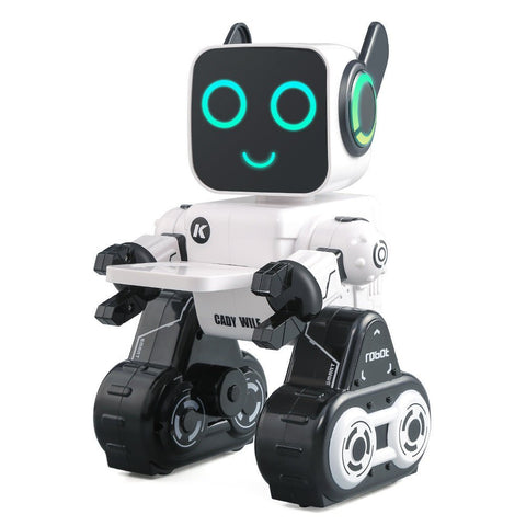 white and black smart robot toy with glowing eyes and smiling digital face on white background