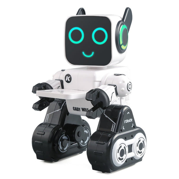 white and black smart robot toy with glowing eyes and smiling digital face on white background