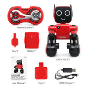 Red CADY WILE intelligent remote control robot with black wheels, remote, key, battery, tray, USB charger, and manual