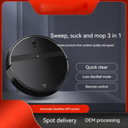 Black 3-in-1 robot vacuum cleaner with sweep, suck, and mop functions controlled by app