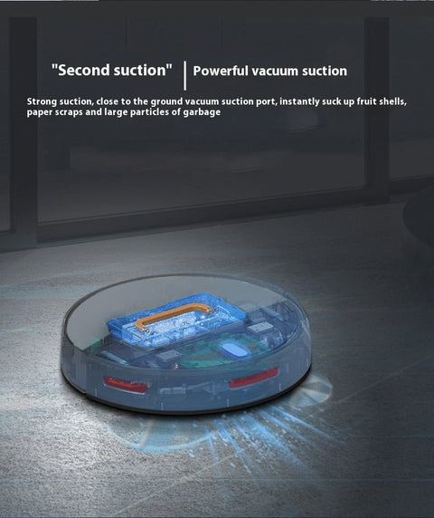 Transparent intelligent sweeping robot with visible internal components demonstrating powerful vacuum suction on carpet