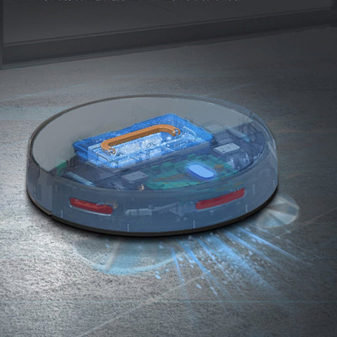 Transparent smart sweeping robot vacuum with visible internal components cleaning a carpet