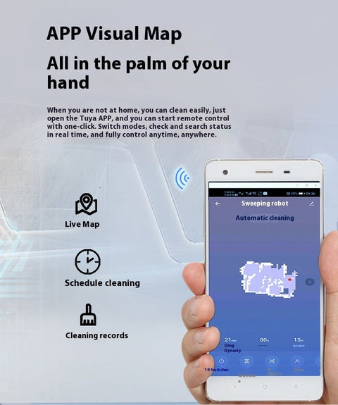 Hand holding smartphone with Tuya app showing live map and controls for intelligent sweeping robot automatic cleaning